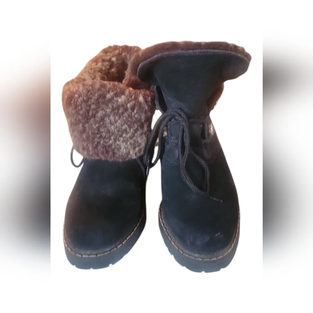 Sorel Women's Black Suede Cuff Over Faux Fur Lined Winter Ankle Bootie Boots 7M